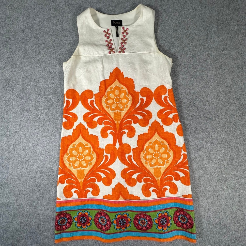 Laundry by Shelli Segal Shift Dress Womens 10 White Orange Beaded Damask Mini